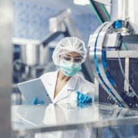 Hygiene women worker work in science laboratory. people in pharmaceutical medicine production machine inspector.